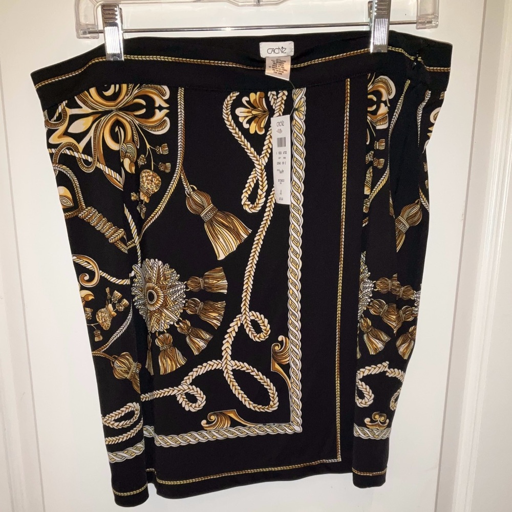 CACHÉ—Patterned Skirt, 12, Black w/ Gold Multicolor Braided Rope & Tassel Print
